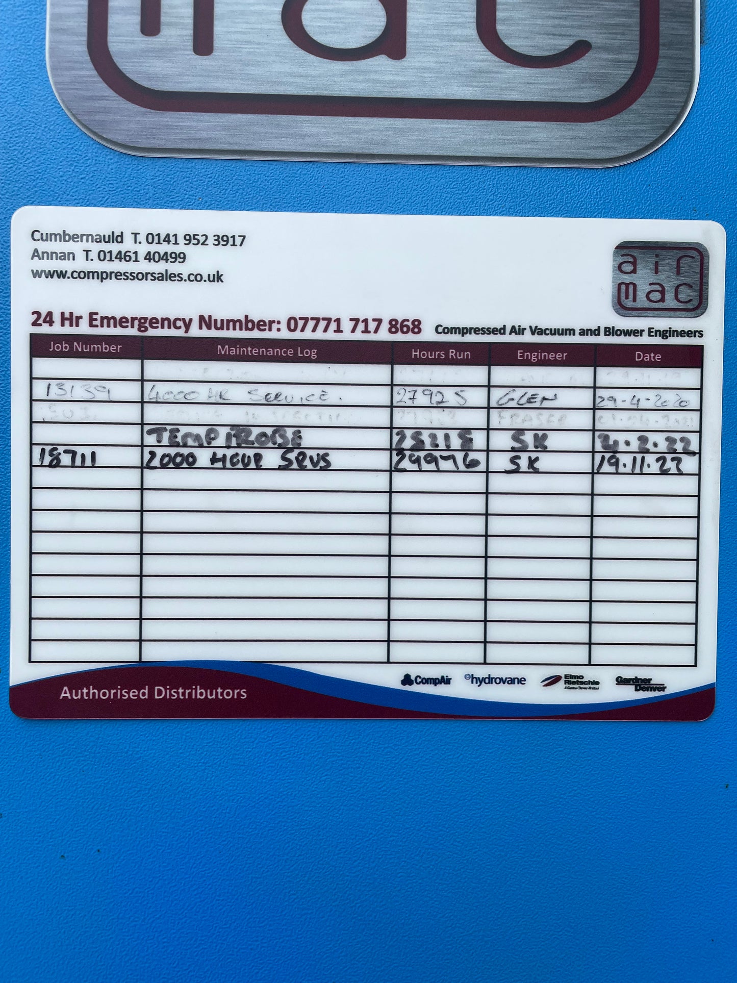 Hydrovane HV45RS 45KW 267cfm Air Compressor-SERVICE HISTORY- Grit Blasting