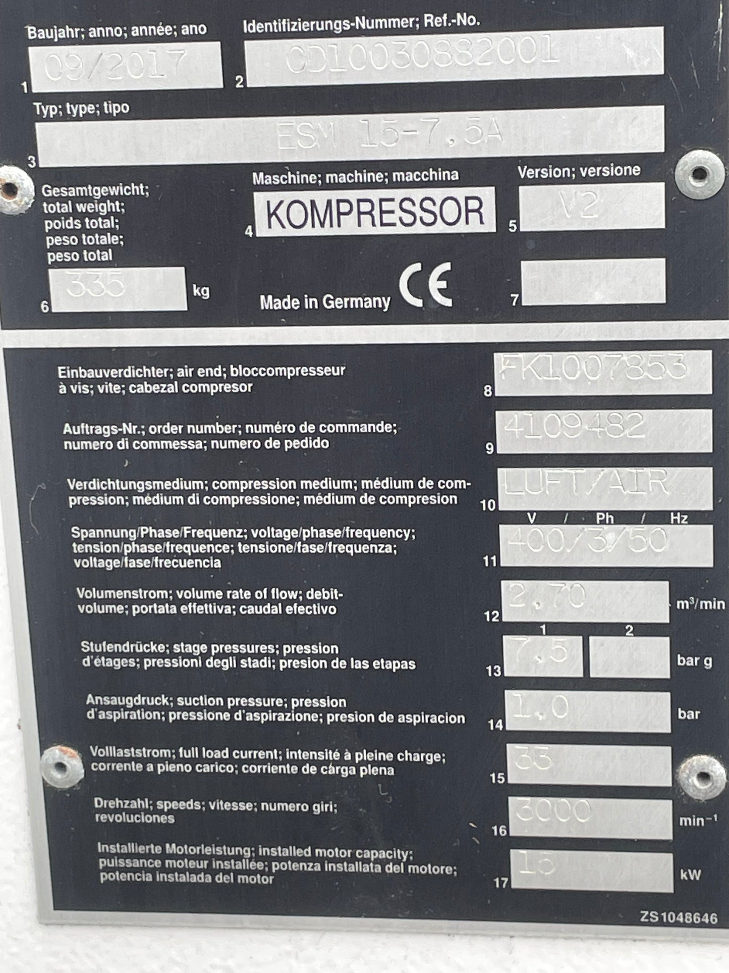 Gardner Denver ESM 15 Air Compressor  6455 Load Hours 15KW -