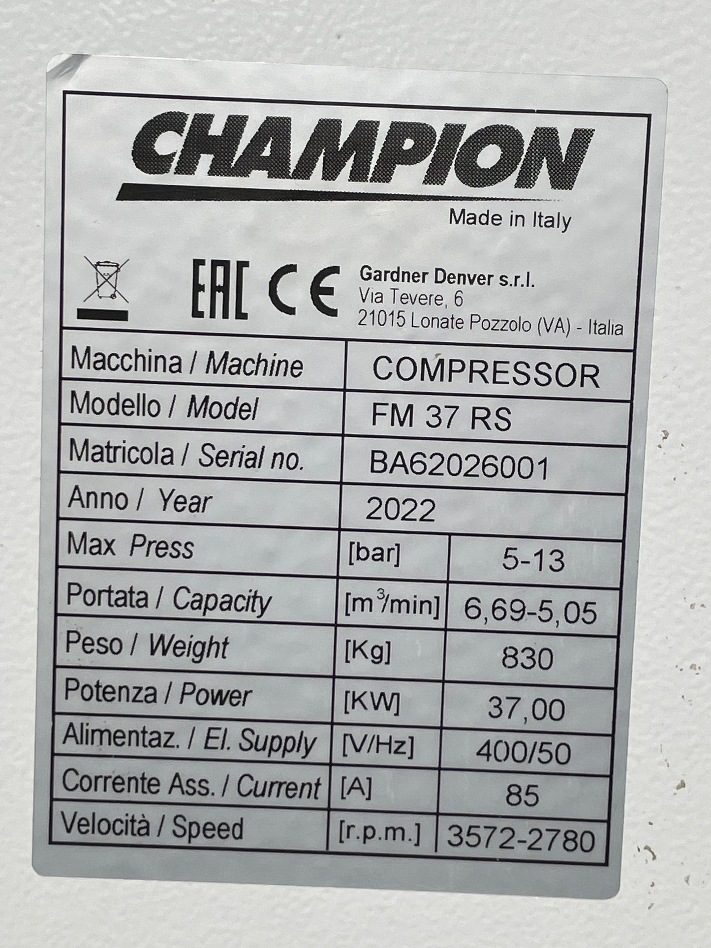 Champion  FM37RS Invertor Screw Compressor 800 hours  + 1000L tank + Water Trap