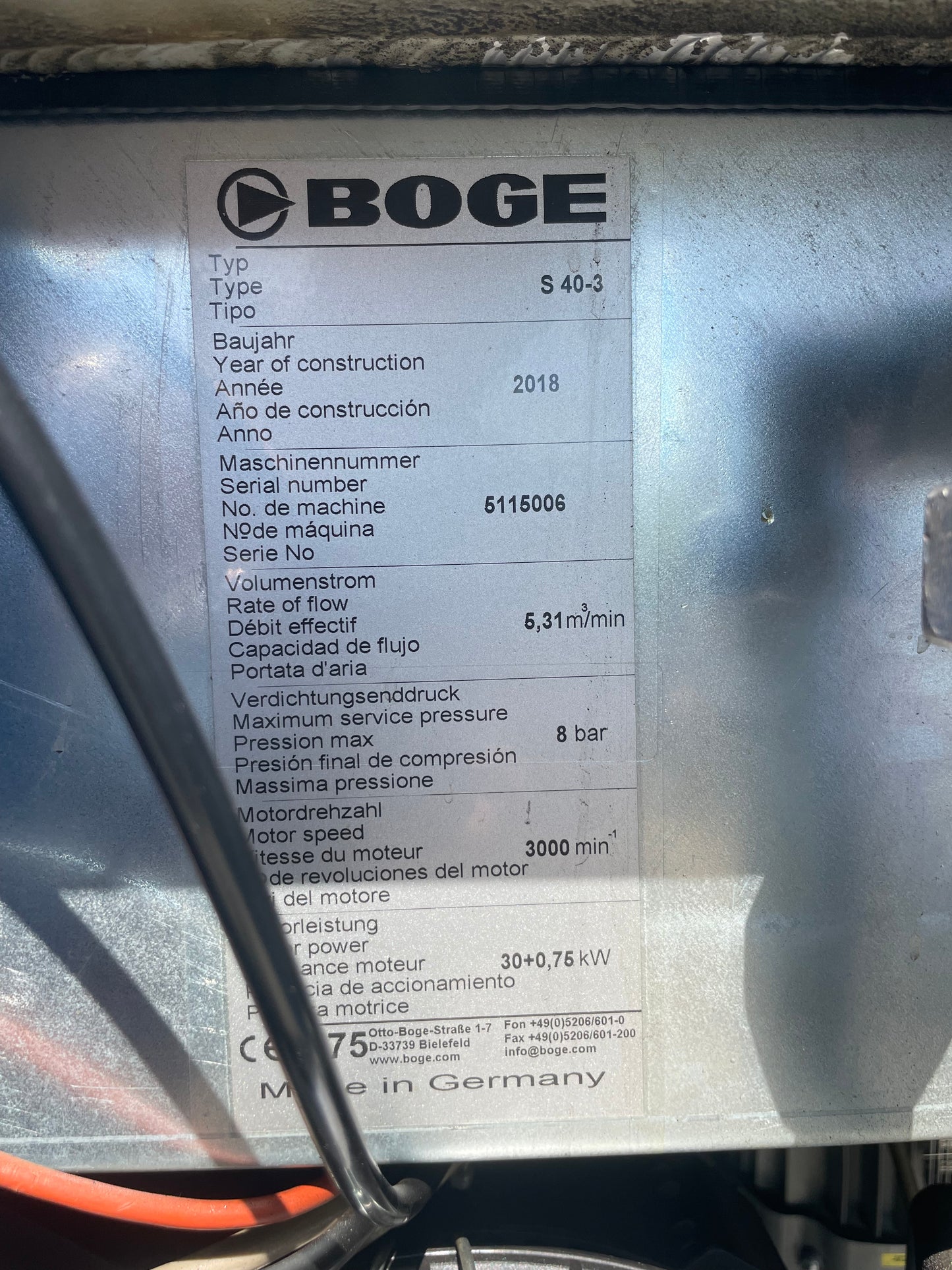 BOGE S 40 -3 SCREW COMPRESSOR 5825 HOURS - 8 BAR - 188CFM - GRIT BLASTING