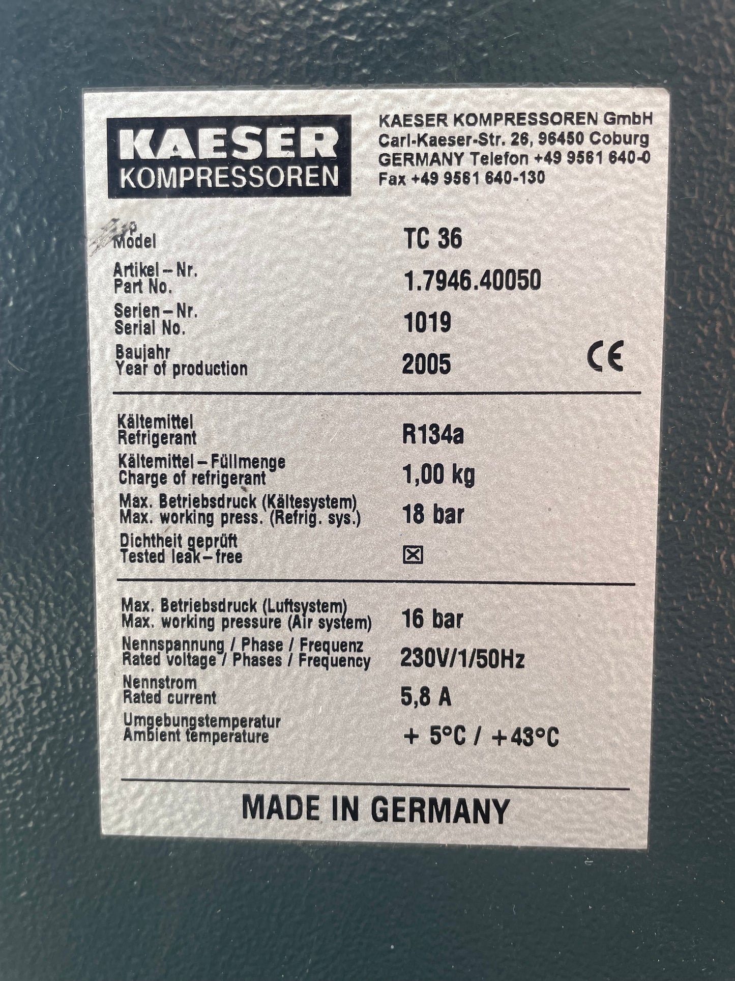 HPC TC 36 Compressed Air Refrigerated Dryer 240 Volt - 138CFM for Compress