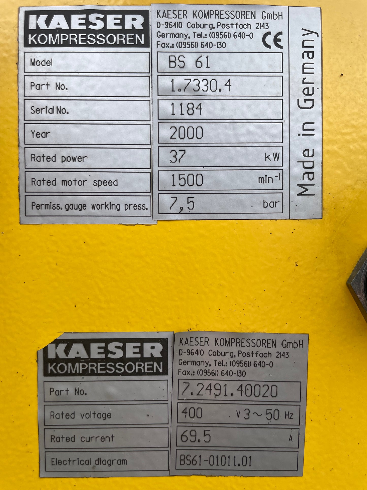 HPC Kaeser BS 61 Screw Compressor - 37 KW - 230 CFM & HPC TD 61 Air Drier -