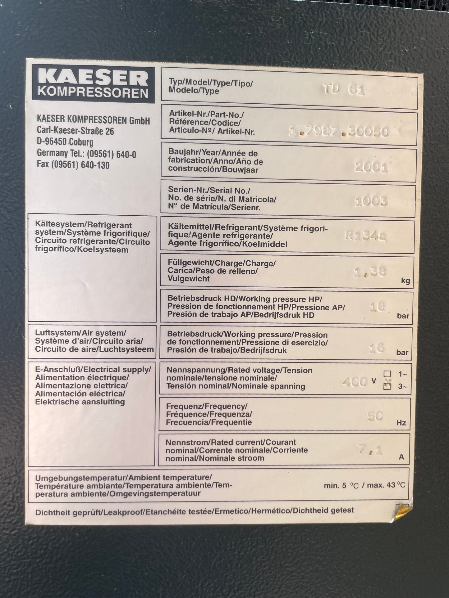 HPC Kaeser BS 61 Screw Compressor - 37 KW - 230 CFM & HPC TD 61 Air Drier -