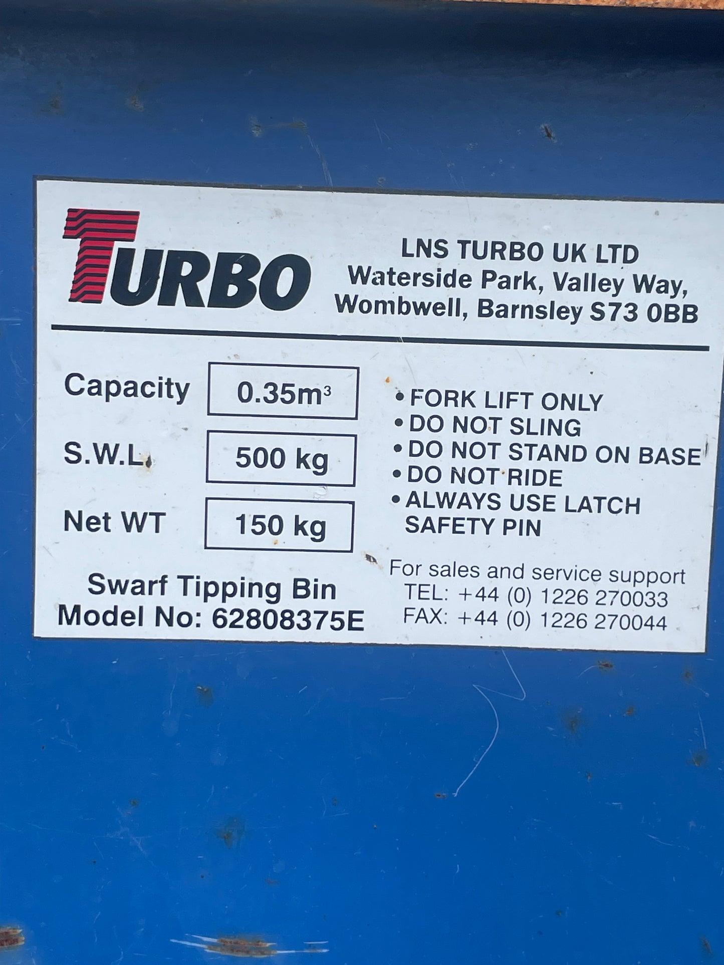 1 x Turbo Forklift Tipping Skip Bin Handle Release On Wheels 500 Kg