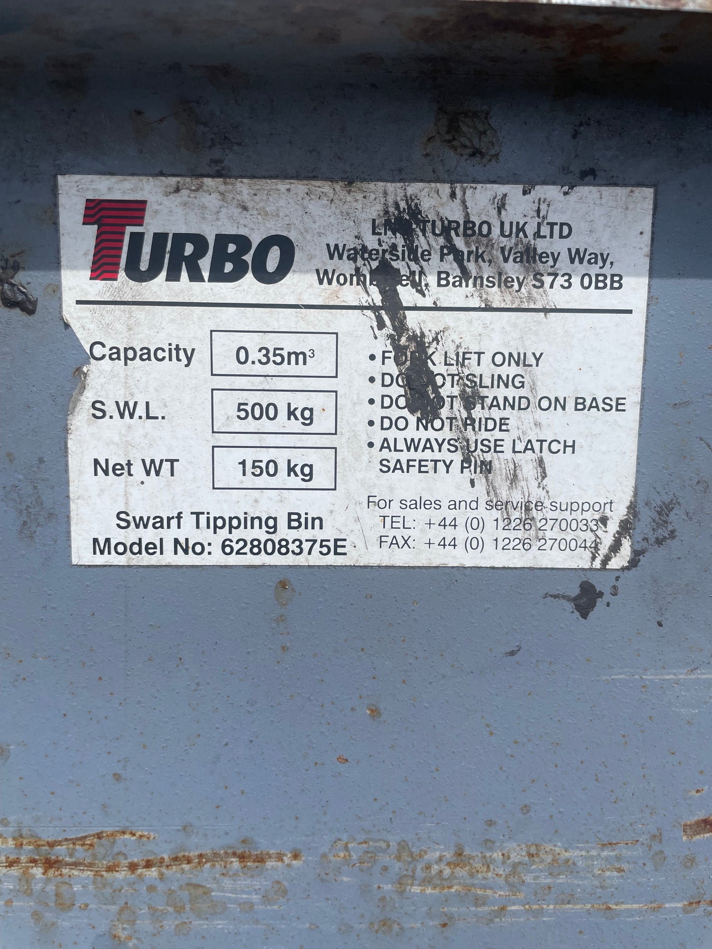 1 X Turbo Swarf Tipping Bin, Forklift Tipping Skip 500 Kg On Wheels ( Lot 1 )
