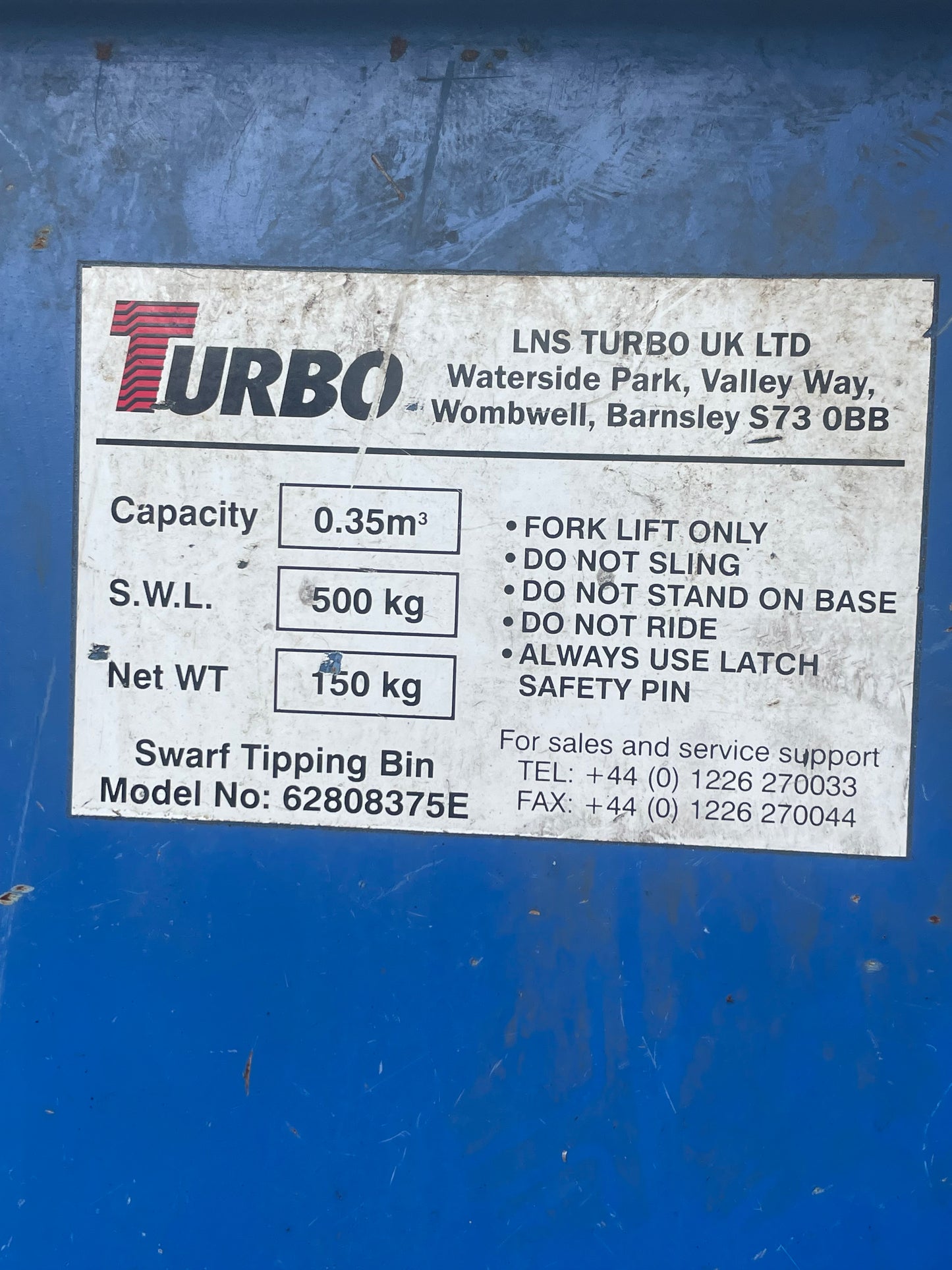 1 x Turbo Forklift Tipping Skip waste Bin Recycling Skip on wheels 500 Kg